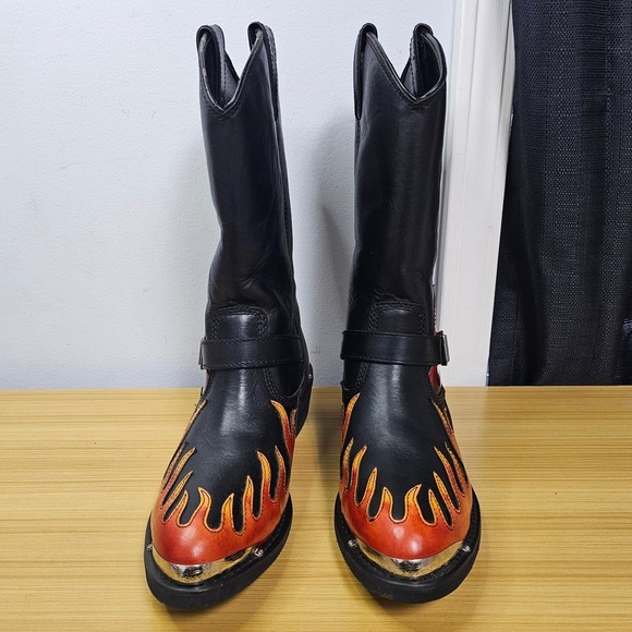 Harley Davidson Leather Harness Flame Overlay Boots Size 10.5 Tall Motorcycle - Picture 6 of 12